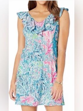 Lilly Pulitzer Alessa romper in "Sink or Swim" print with a ruffled V-neckline